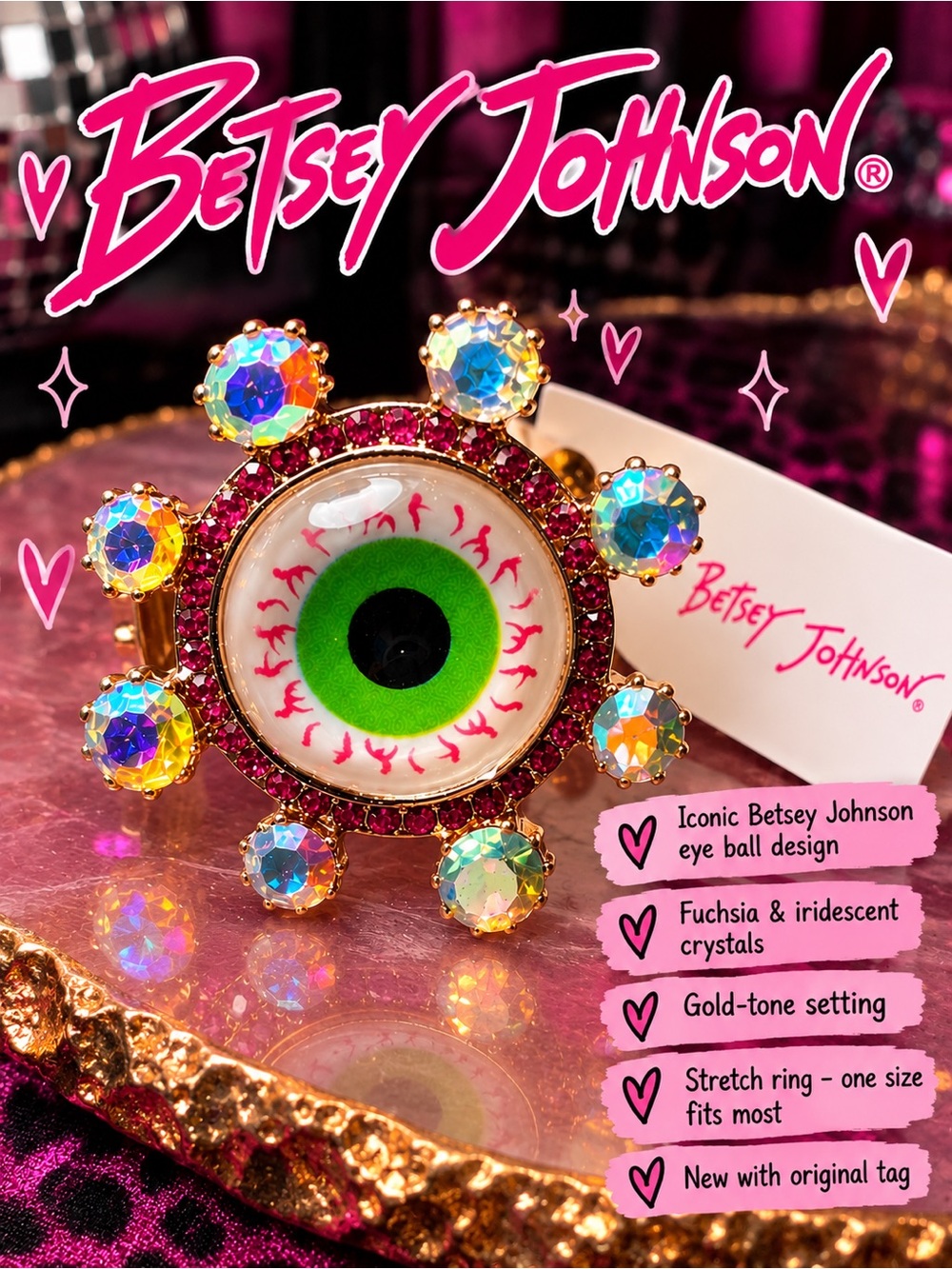 Betsey Johnson Green Eyeball Crystal Stretch Gold Tone Cocktail Ring NWT
